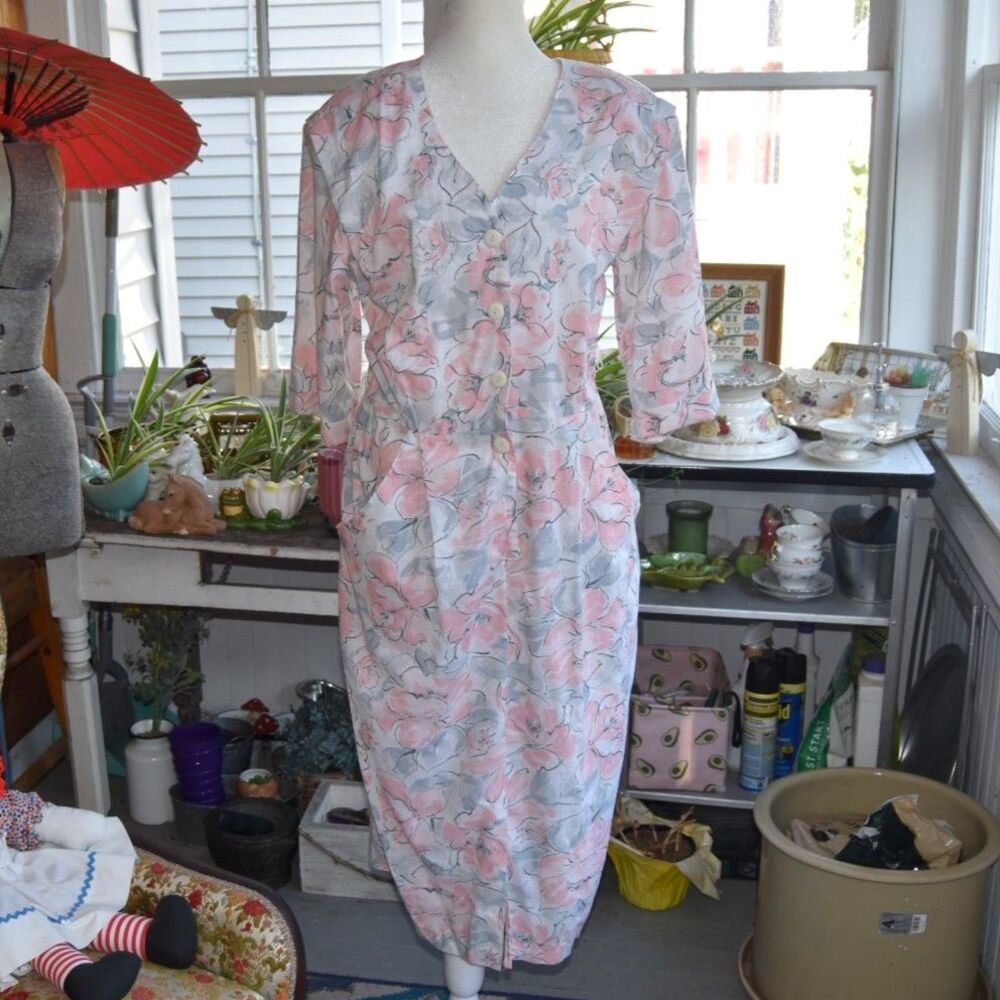 Vintage 80s Miss Oops California Floral Midi Dress Pink Gray Size L USA
